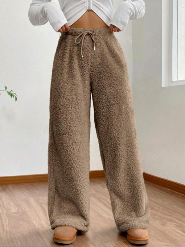 Women's Solid Drawstring Waist Plush Straight Leg Pants, Casual Comfy Warm Trousers for Fall & Winter, Women's Bottoms for Daily Wear