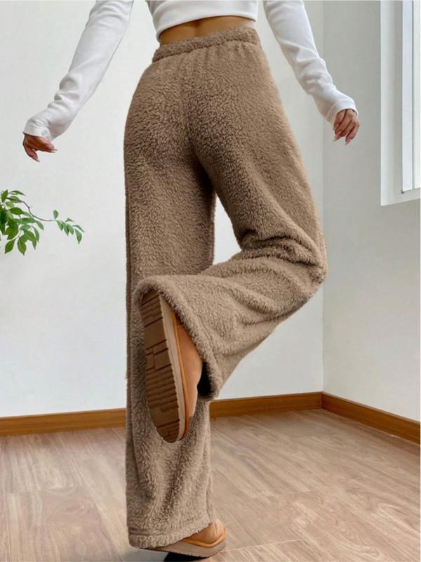 Women's Solid Drawstring Waist Plush Straight Leg Pants, Casual Comfy Warm Trousers for Fall & Winter, Women's Bottoms for Daily Wear