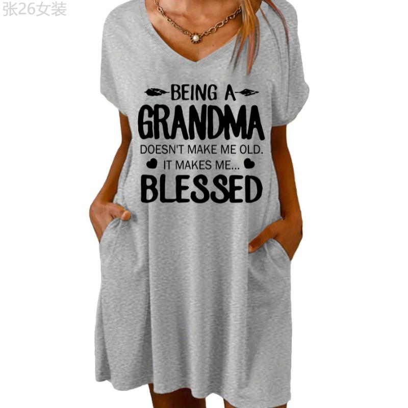 Blessed Grandma V-Neck Plus Size Nightdress with Pockets - Casual Knit Polyester Blend Alphabet Pattern Loungewear for Women - Comfortable Medium Stretch All-Season Sleepwear Fabric Womenswear Homewear Batwing