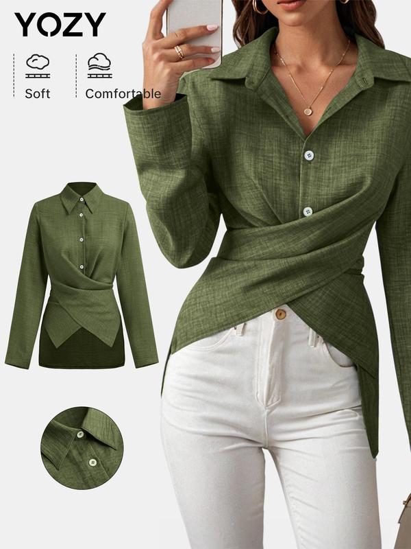 YOZY Women's Plain Criss Cross Wrap Button Front High Low Hem Shirt, Casual Ruched Tie Back Long Sleeve Collared Top for Daily Wear, Ladies Clothes for All Seasons