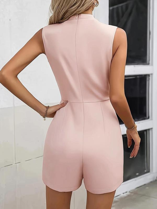 Women's Solid Mock Neck Wrap Tank Romper, Elegant Fashion Casual Sleeveless Straight Leg Romper for Daily Outdoor Wear, Ladies Back To School Clothes for Summer, Jumpsuits for Women, Summer Outfits 2024