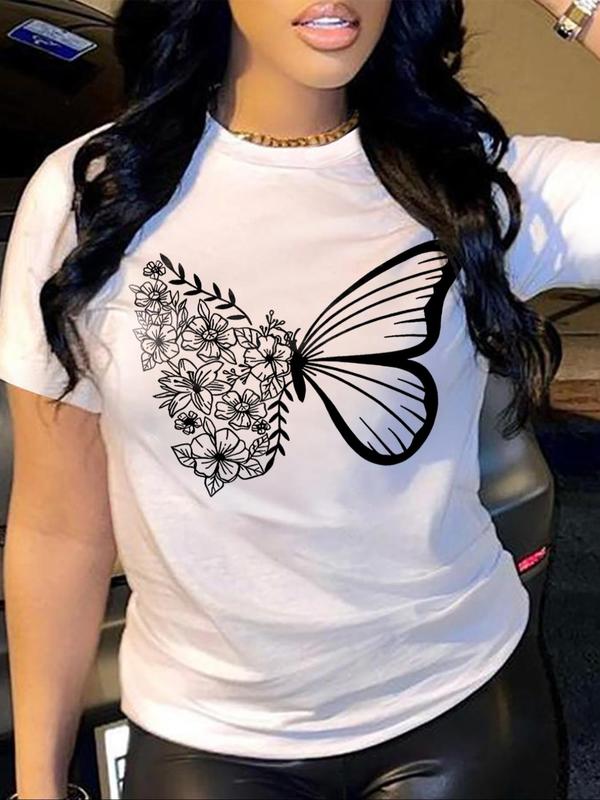 Women's Floral & Butterfly Print Round Neck Graphic Tees, T Shirts for Women, Casual Short Sleeve T-shirt for Daily Wear, Ladies 90s Clothes for All Seasons