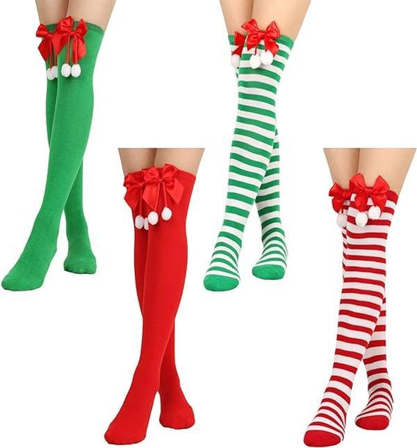 Lopsity 4PCS Thigh High Socks Striped over Knee Stockings Christmas Leg Warmers Christmas Bow Socks for Women Girls