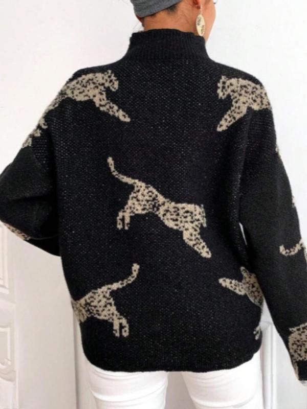 Women's Leopard Print Drop Shoulder Sweater, Casual Long Sleeve High Neck Jumper for Daily Outdoor Wear, Women Knitwear for Fall & Winter