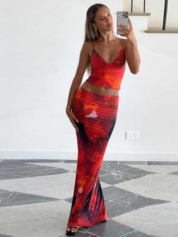 Women's All Over Print Crop Cami Top & Mermaid Skirt Set, Fashion Adjustable Strap Backless Camisole & Drop Waist Long Skirt For Beach Holiday, Ladies Summer Clothes