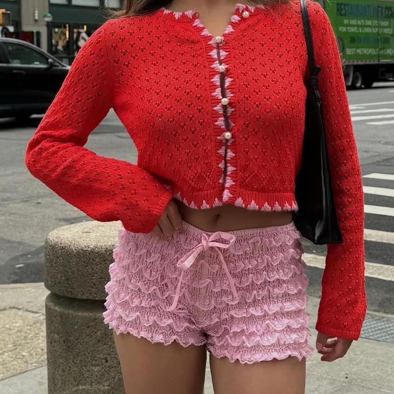 Women's Mini Shorts Layered Lace Frill Trim Elastic Waist Tie-Up Bow Bloomer Shorts for Summer Streetwear