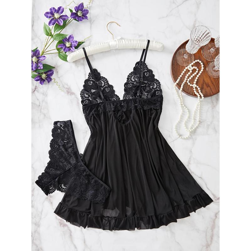 Contrast Color Lace Ruffle Underwear Suit, Deep V Strap Dress and T-Back, Lady Sexy Underwear and Underwear