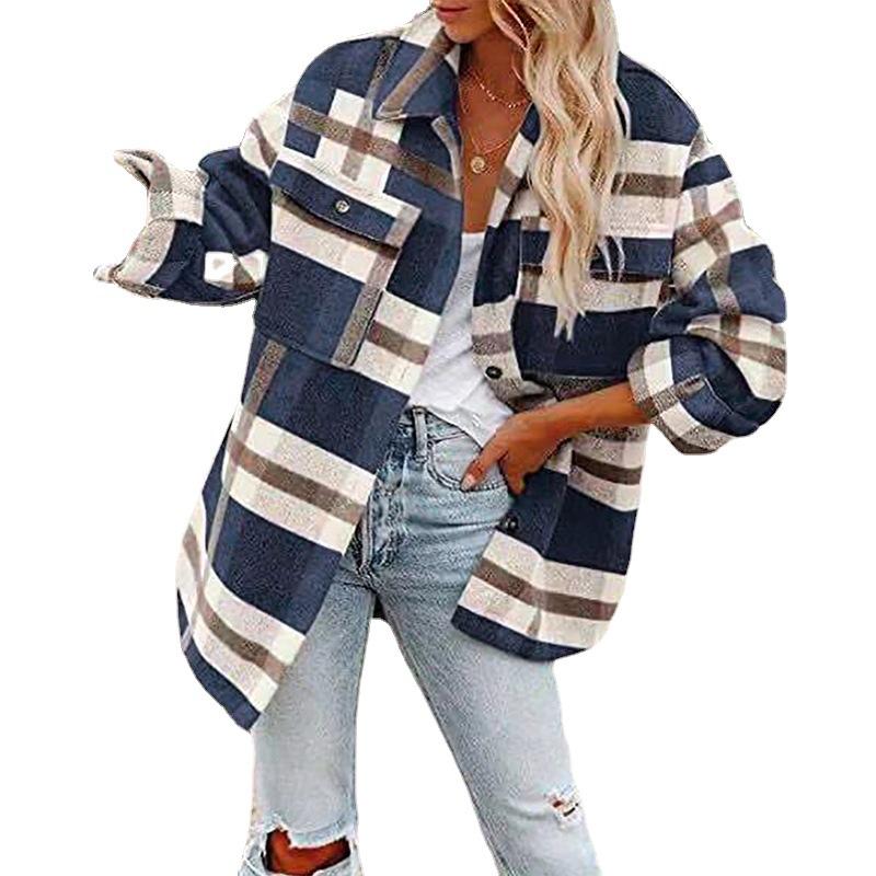 Autumn and Winter Women's Clothing Autumn and Winter Long Sleeve Lapel Loose Plaid Wool Coat