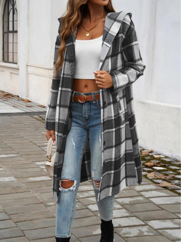 Women's Plaid Print Button Front Drop Shoulder Hooded Coat, Casual Long Sleeve Pocket Outerwear for Fall & Winter, Ladies Clothes for Daily Wear