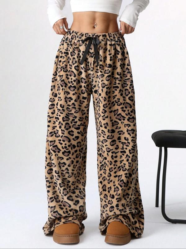 Women's Leopard Print Bow Decor Plush Straight Leg Pants, Casual Comfy Elastic Waist Trousers for Daily Wear, Ladies Bottoms for Fall & Winter