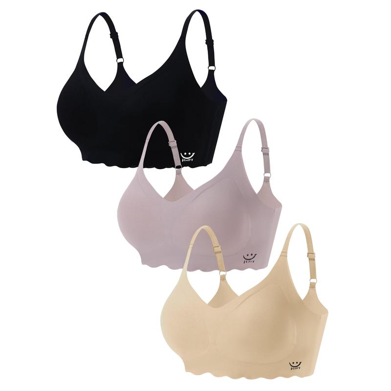 3pcs Seamless Wireless Bras, Comfy & Breathable Scollop Trim Bra, Women's Lingerie & Underwear