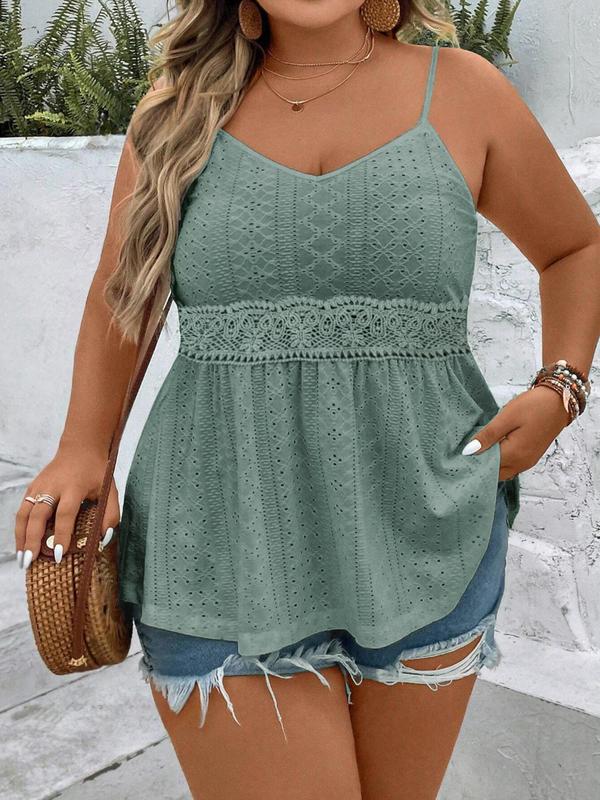 Plus Size Solid Eyelet Embroidery Cami Top, Casual Adjustable Spaghetti Strap Top for Spring & Fall, Women's Plus Clothing for Daily Wear