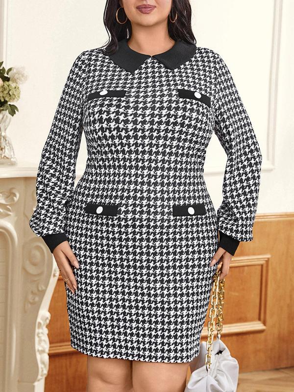 CURVZY Plus Size Houndstooth Print Button Pocket Decor Dress, Casual Long Sleeve Collared Short Dress for Fall & Winter, Women's Clothes for Daily Wear