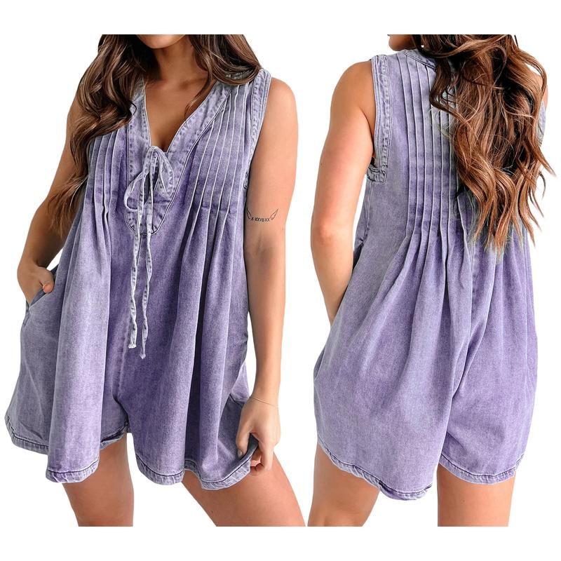 Women's Demin Tank Top Jumpsuit Loose Pleated Tie Front V Neck Sleeveless Shorts Romper with Pockets for Summer