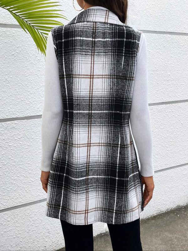 Women's Plaid Print Double Button Lapel Blazer Vest without Sweater, Casual Sleeveless Outerwear for Fall, Ladies Clothes for Daily Wear