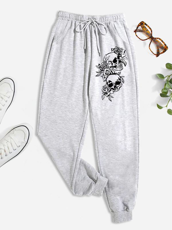 Women's Pocket Drawstring Jogger Pants, Y2k Lady Comfort Floral & Skull Print Sweatpants Bottom for Spring & Fall, Womenswear Casual Elastic Waist Pants Trouser for Women, Going Out Bottoms