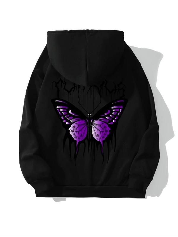 Women's Butterfly Print Drop Shoulder Long Sleeve Hoodie, Drawstring Kangaroo Pocket Hooded Sweatshirt, Pullover Tops for Fall & Winter, Spring 2024 Fashion