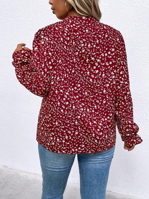 Womenswear  Ditsy Floral Print Frill Trim Ruffle Blouse, Casual Comfort Notched Neck Flounce Sleeve Top for Spring & Fall, Women's Clothes for Daily Wear