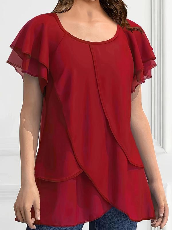 Women's Plain Asymmetrical Hem Butterfly Sleeve Chiffon Blouse, Casual Tiered Layer Short Sleeve Round Neck Top for Summer, Ladies Clothes for Daily Wear