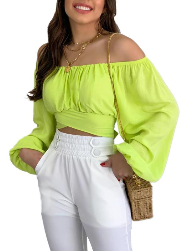 Women's Plain Cut Out Tie Back Off Shoulder Bishop Sleeve Crop Tee, Casual Long Sleeve Cropped Top for Summer, Ladies Clothes for Daily Wear, Going Out Tops, Tops for Women, Clothes for Women, T Shirts for Women