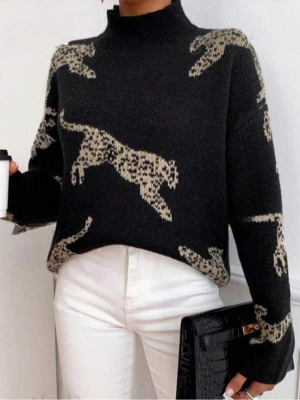 Women's Leopard Print Drop Shoulder Sweater, Casual Long Sleeve High Neck Jumper for Daily Outdoor Wear, Women Knitwear for Fall & Winter