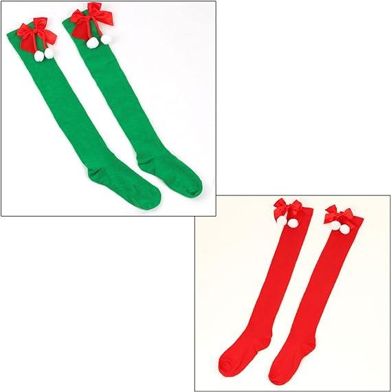 Lopsity 4PCS Thigh High Socks Striped over Knee Stockings Christmas Leg Warmers Christmas Bow Socks for Women Girls