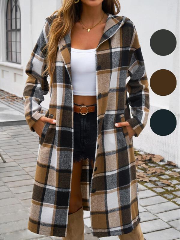 Women's Plaid Print Button Front Drop Shoulder Hooded Coat, Casual Long Sleeve Pocket Outerwear for Fall & Winter, Ladies Clothes for Daily Wear