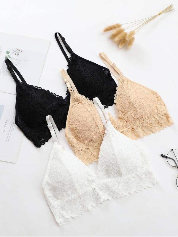 Women's Plain Scallop Trim Hook and Eye Lace Bra, Casual Comfortable Adjustable Strap Wireless Lingerie for Daily Wear, Soft Breathable Underwear for All Seasons