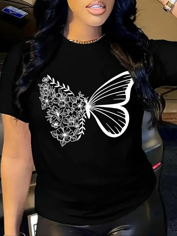 Women's Floral & Butterfly Print Round Neck Graphic Tees, T Shirts for Women, Casual Short Sleeve T-shirt for Daily Wear, Ladies 90s Clothes for All Seasons