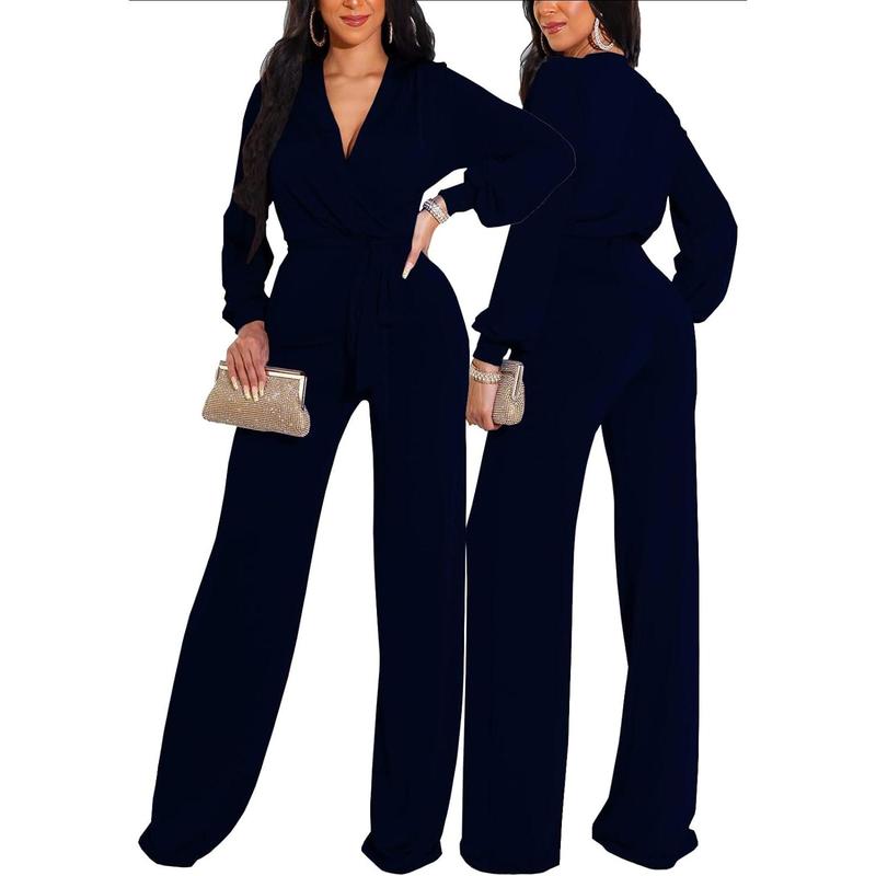 Women's Sexy Sparkly Jumpsuits Plus Size Elegant Long Sleeve Wide Leg Pants Rompers with Belt