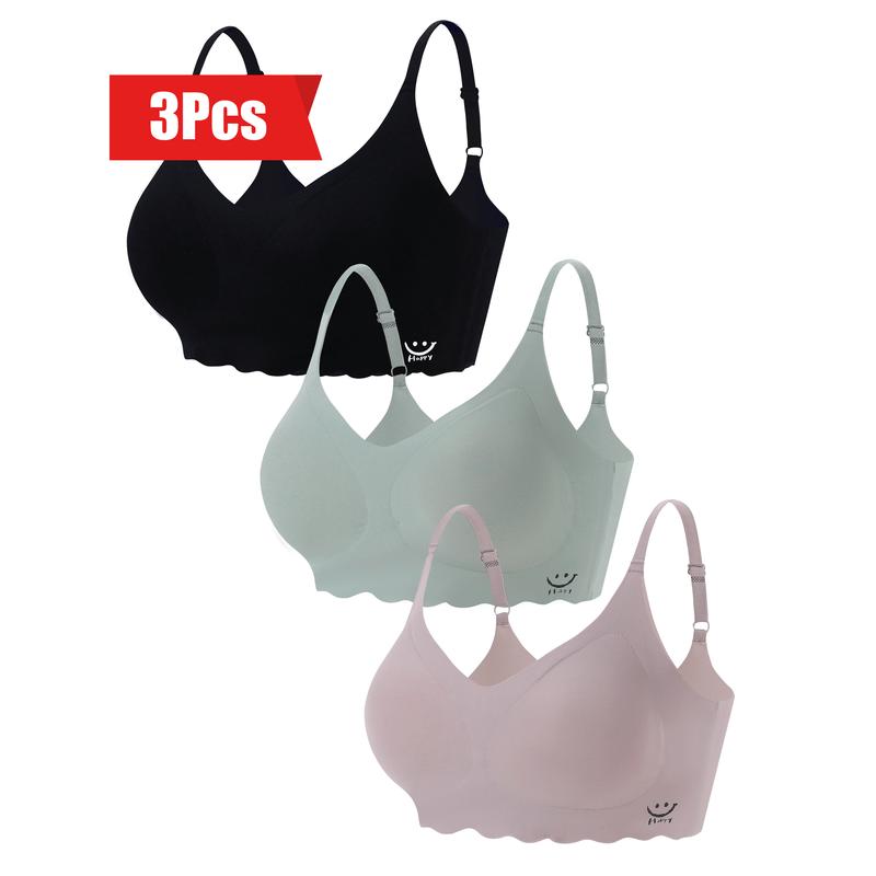 3pcs Seamless Wireless Bras, Comfy & Breathable Scollop Trim Bra, Women's Lingerie & Underwear