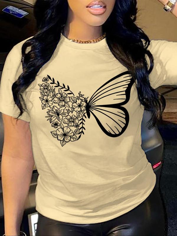 Women's Floral & Butterfly Print Round Neck Graphic Tees, T Shirts for Women, Casual Short Sleeve T-shirt for Daily Wear, Ladies 90s Clothes for All Seasons