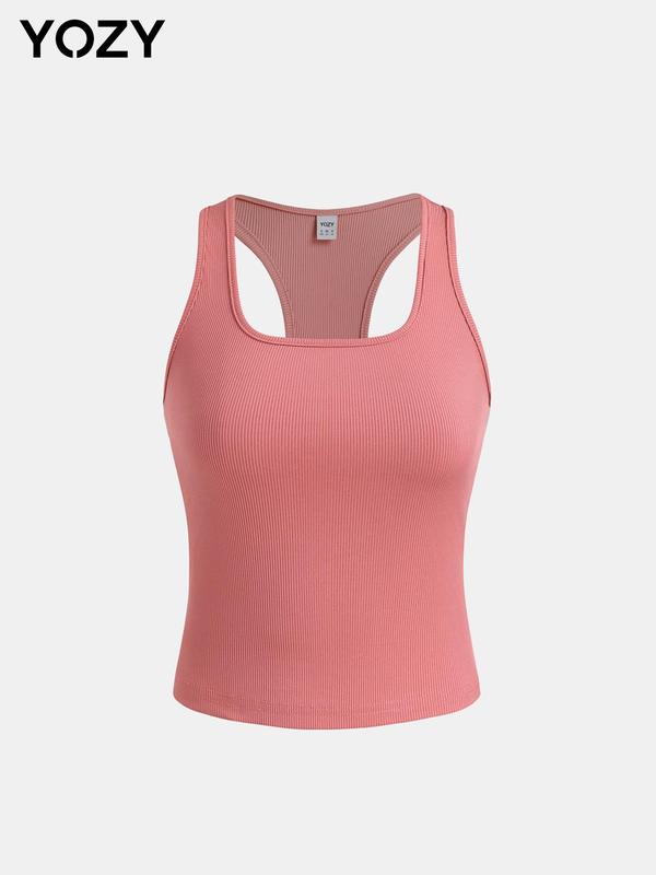 YOZY Women's Solid Ribbed Square Neck Tank Top, Casual Sporty Sleeveless Top for Daily Outdoor Wear, Ladies Clothes for All Seasons