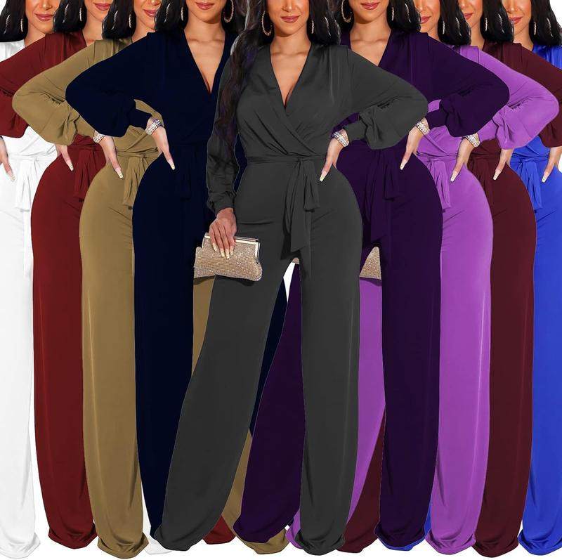 Women's Sexy Sparkly Jumpsuits Plus Size Elegant Long Sleeve Wide Leg Pants Rompers with Belt