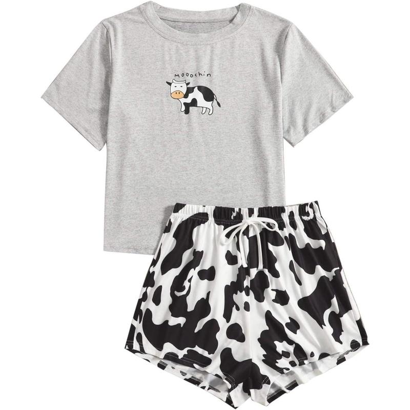 Cartoon Cow Print Short Sleeve Tee and Shorts Pajama Set