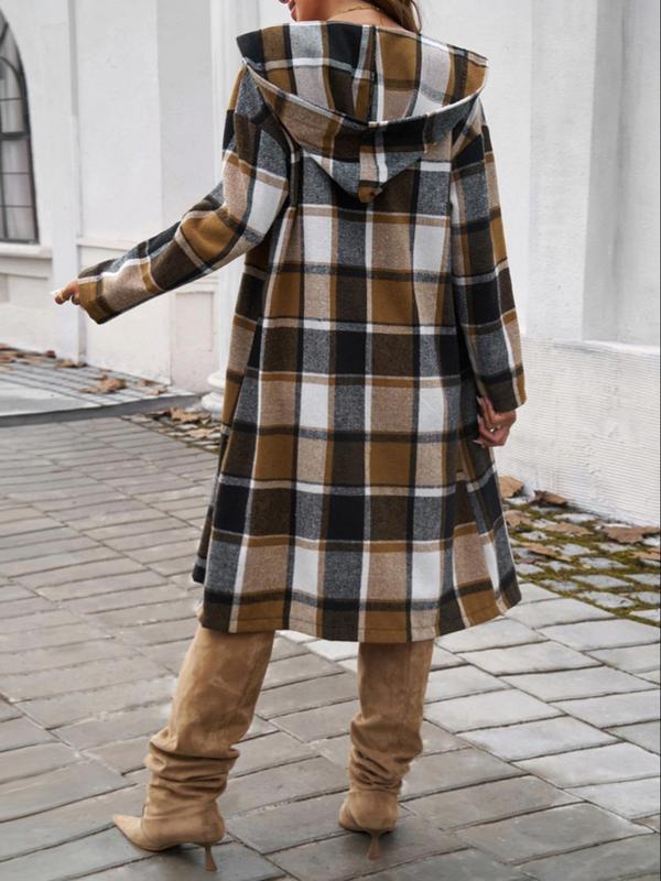 Women's Plaid Print Button Front Drop Shoulder Hooded Coat, Casual Long Sleeve Pocket Outerwear for Fall & Winter, Ladies Clothes for Daily Wear