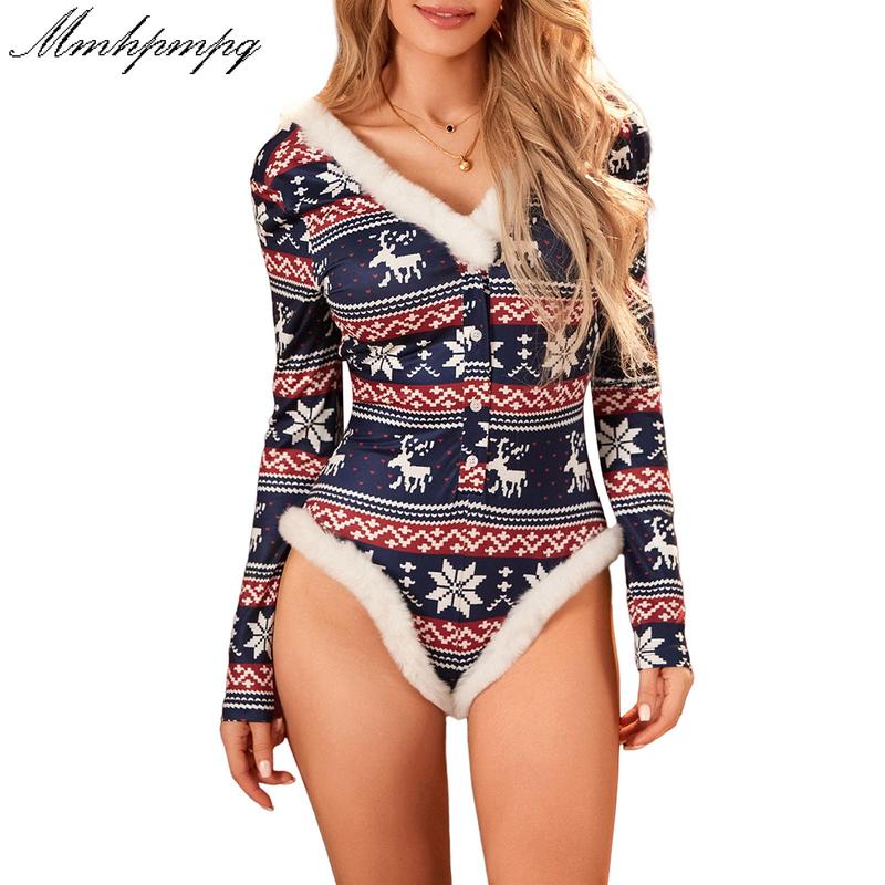 Women´s Christmas Jumpsuit Pajama Long Sleeve V Neck Snowflake Elk Print Sleepwear Loungewear Spandex