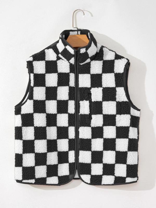 Women's Checkerboard Print Zip Up Fuzzy Vest Jacket, Casual Sleeveless Collared Outerwear for Winter, Ladies Clothes for Daily Wear Womenswear Tops