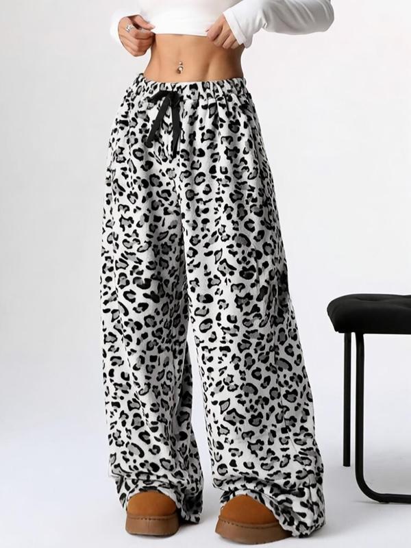 Women's Leopard Print Bow Decor Plush Straight Leg Pants, Casual Comfy Elastic Waist Trousers for Daily Wear, Ladies Bottoms for Fall & Winter