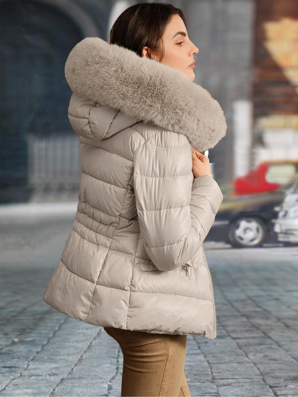 Women's Solid Color Zip Up Contrast Faux Fur Hooded Quilted Jacket, Casual Long Sleeve Pocket Hooded Outerwear for Fall & Winter, Women's Clothing for Daily Wear