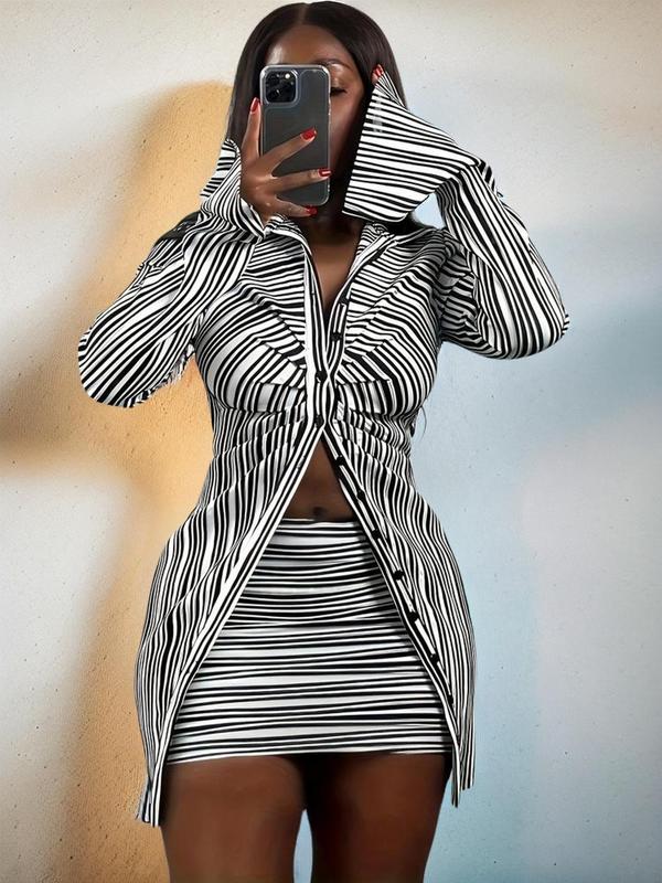 Two-Piece Set Women's Striped Print Ruched Split Sleeve Shirt & High Waist Skirt Set, Button Front Collared Top & Bodycon Skirt Set for Fall, Outfit Sets for Women, Women's Clothes for Daily Wear, Downtown Girl Clothes