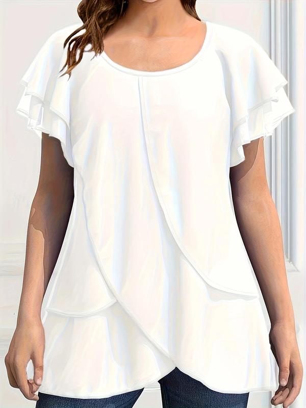 Women's Plain Asymmetrical Hem Butterfly Sleeve Chiffon Blouse, Casual Tiered Layer Short Sleeve Round Neck Top for Summer, Ladies Clothes for Daily Wear