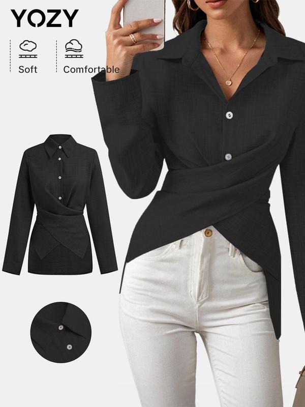 YOZY Women's Plain Criss Cross Wrap Button Front High Low Hem Shirt, Casual Ruched Tie Back Long Sleeve Collared Top for Daily Wear, Ladies Clothes for All Seasons