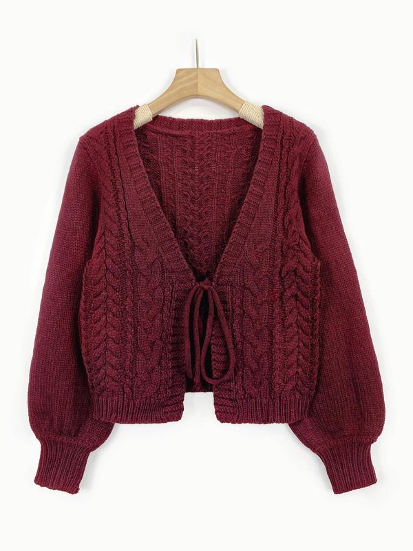 Women's Solid Color Lantern Sleeve Cable Knit Cardigan, Casual V Neck Tie Front Long Sleeve Cardigan, Cardigan for Women, Women's Knitwear for Spring & Fall