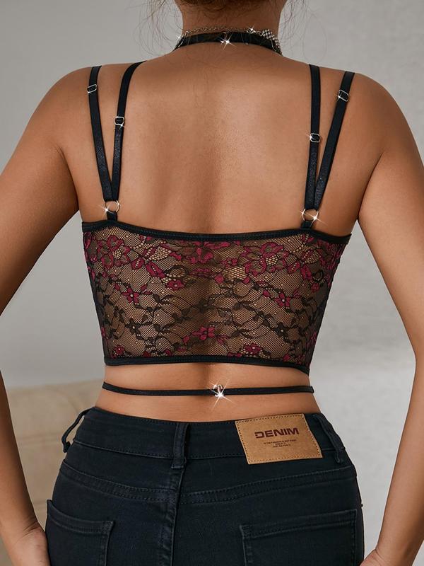 Women's Floral Lace Ring Linked Crop Cami Top, Adjustable Strap Lace Up Crop Top, Fashion Casual Women's Top for Daily Wear, Fall Outfits, Fallfreshness