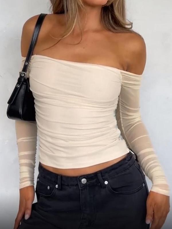 Women's Contrast Mesh Ruched Off Shoulder Tee, Elegant Fashion Sheer Long Sleeve T-shirt for Daily Outdoor Wear, Women Clothing for Spring & Fall