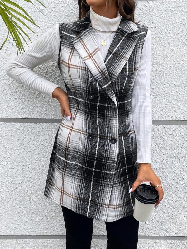 Women's Plaid Print Double Button Lapel Blazer Vest without Sweater, Casual Sleeveless Outerwear for Fall, Ladies Clothes for Daily Wear