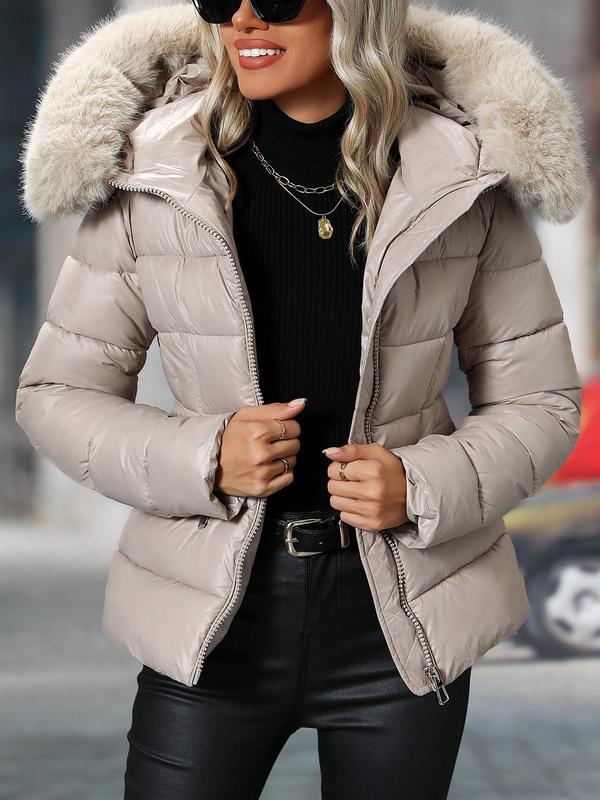 Women's Solid Color Zip Up Contrast Faux Fur Hooded Quilted Jacket, Casual Long Sleeve Pocket Hooded Outerwear for Fall & Winter, Women's Clothing for Daily Wear