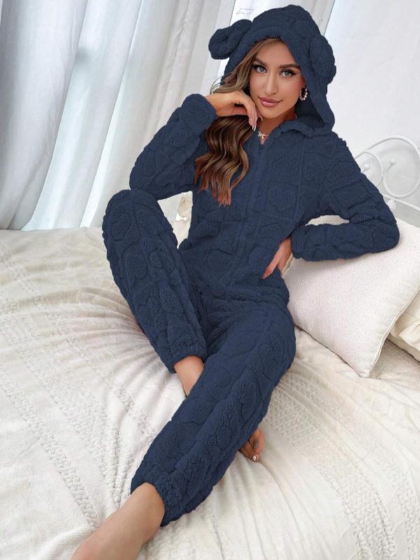 Women's Solid Color Textured Drop Shoulder Zip Up Hooded Jumpsuit, Casual Long Sleeve Plush Jumpsuit for Fall & Winter, Women's Clothes for Indoor Wear