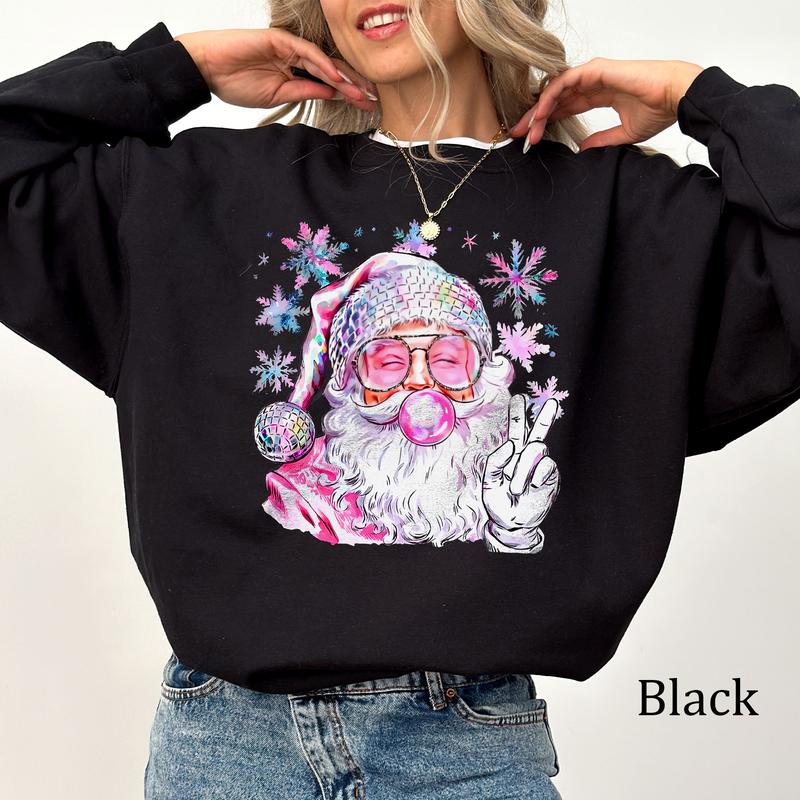 Retro Santa Christmas Blowing Bubble Sweatshirt, Funny Santa With Sunglasses Xmas, Youthful & Vibrant, Printed Womenswear